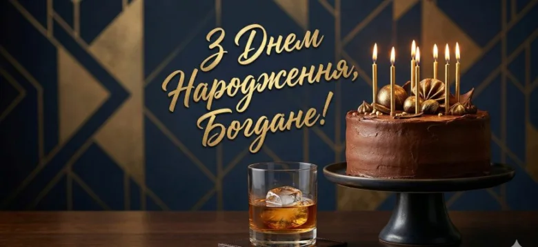 Чорний торт з свічками та вітання Богдану