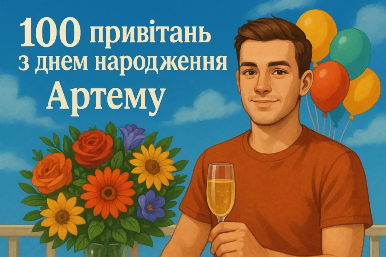 Чоловік тримає шампанське, квіти та кульки на фоні неба.