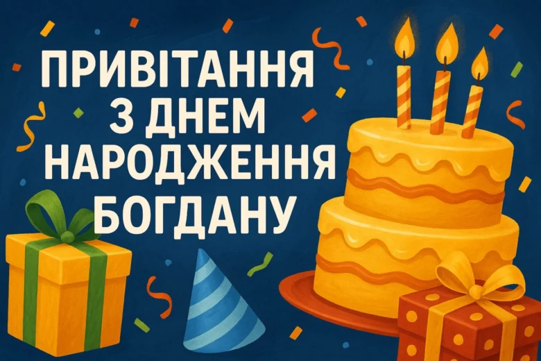 Привітання з днем народження Богдану: торт і подарунки.