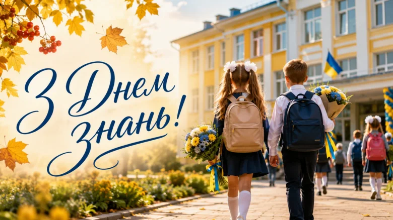 Школярі йдуть до школи з букетами на День Знань.
