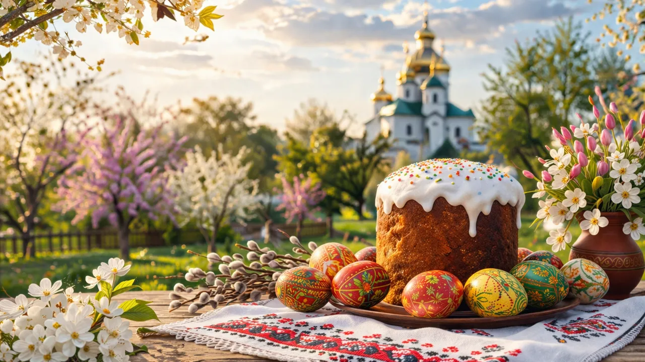 Українське Великоднє свято з куличем та писанками на фоні церкви.