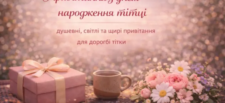 Квіти, подарунок та чашка кави на фоні привітання.