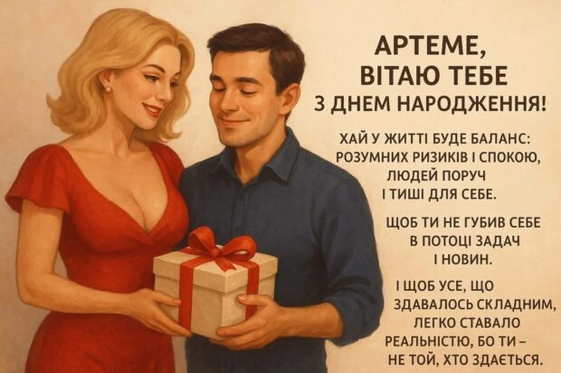 Жінка дарує подарунок Артему на день народження.