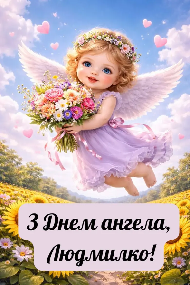 Красивий ангелок з квітами на фоні соняшників