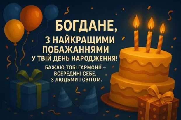Привітання з днем народження Богдану: торт, кульки та подарунки.