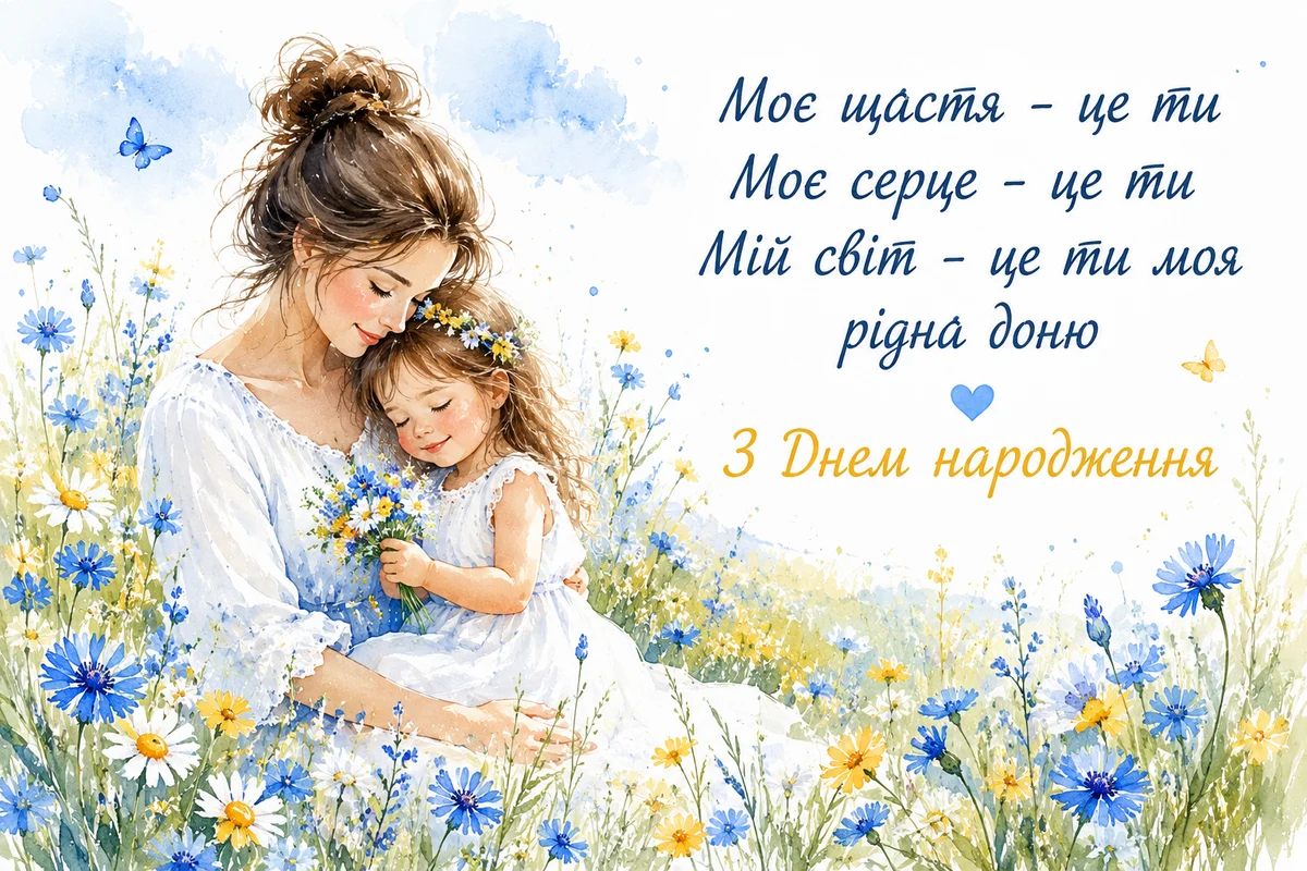 Мама обіймає доньку у полі квітів на день народження.