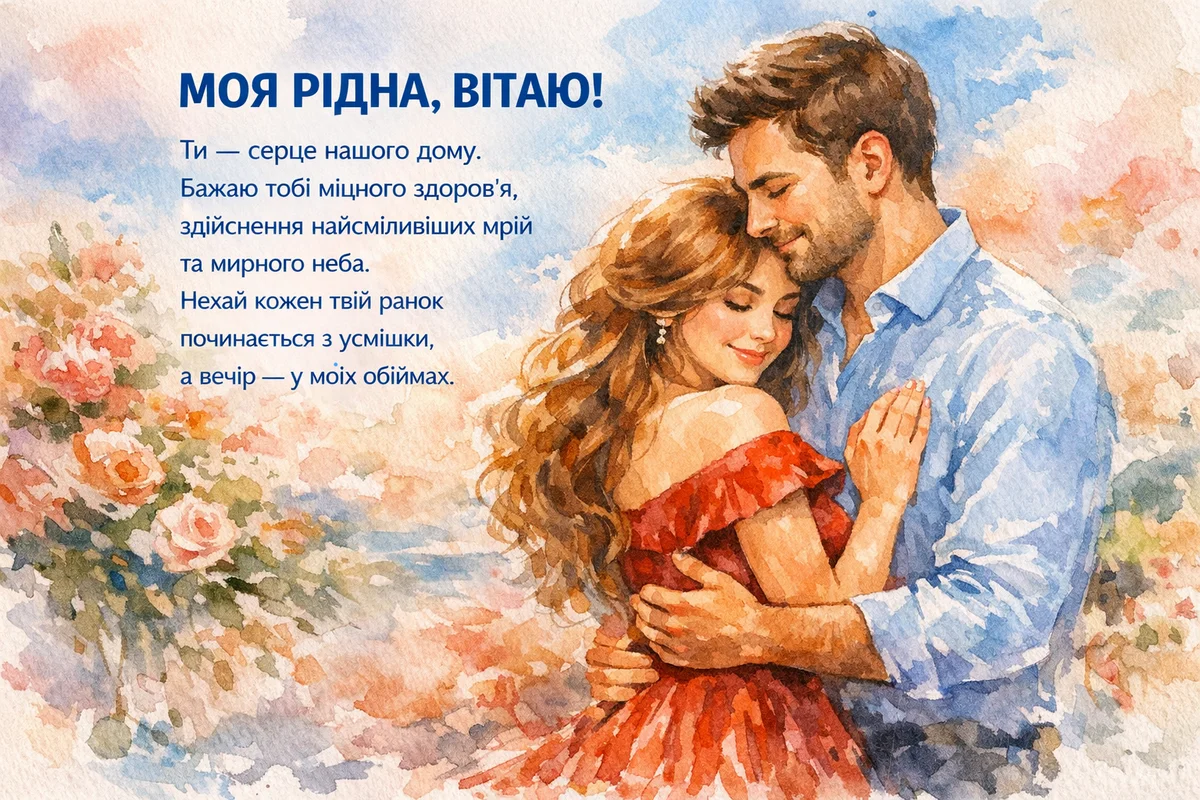 Чоловік обіймає дружину в саду з квітами.