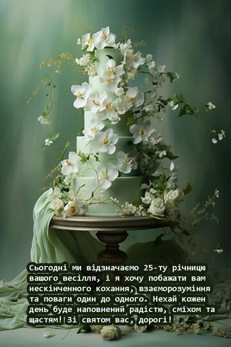 Квітковий торт на столі з привітанням до ювілею весілля.