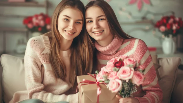 Дві жінки тримають подарунок та квіти, усміхаються.