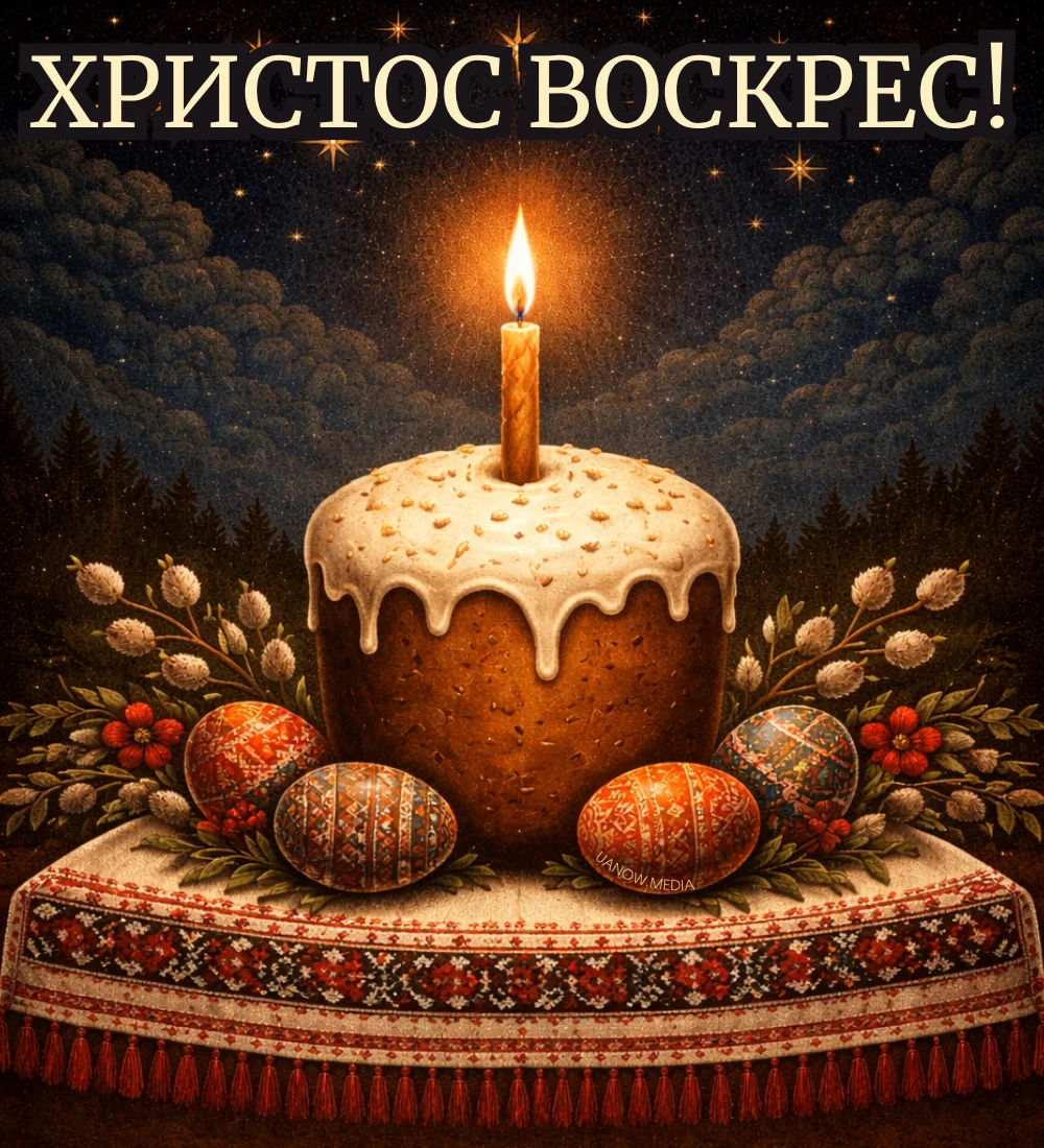 Паска з свічкою та розписаними яйцями під нічним небом