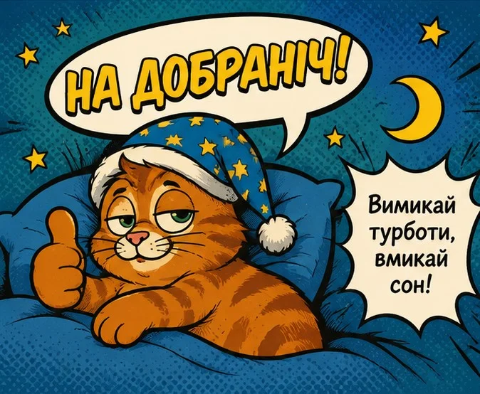 Кіт у шапці каже: на добраніч, вмикай сон!