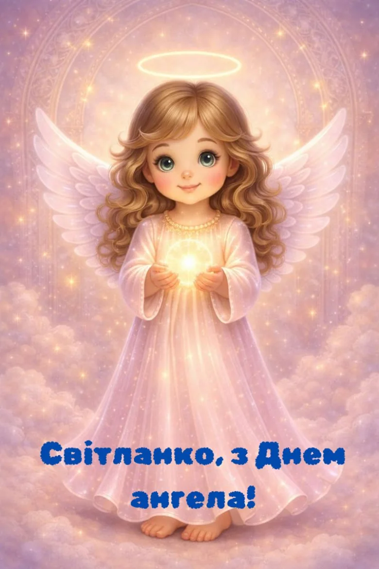 Красивий ангел у білій сукні тримає світло на фоні хмар.