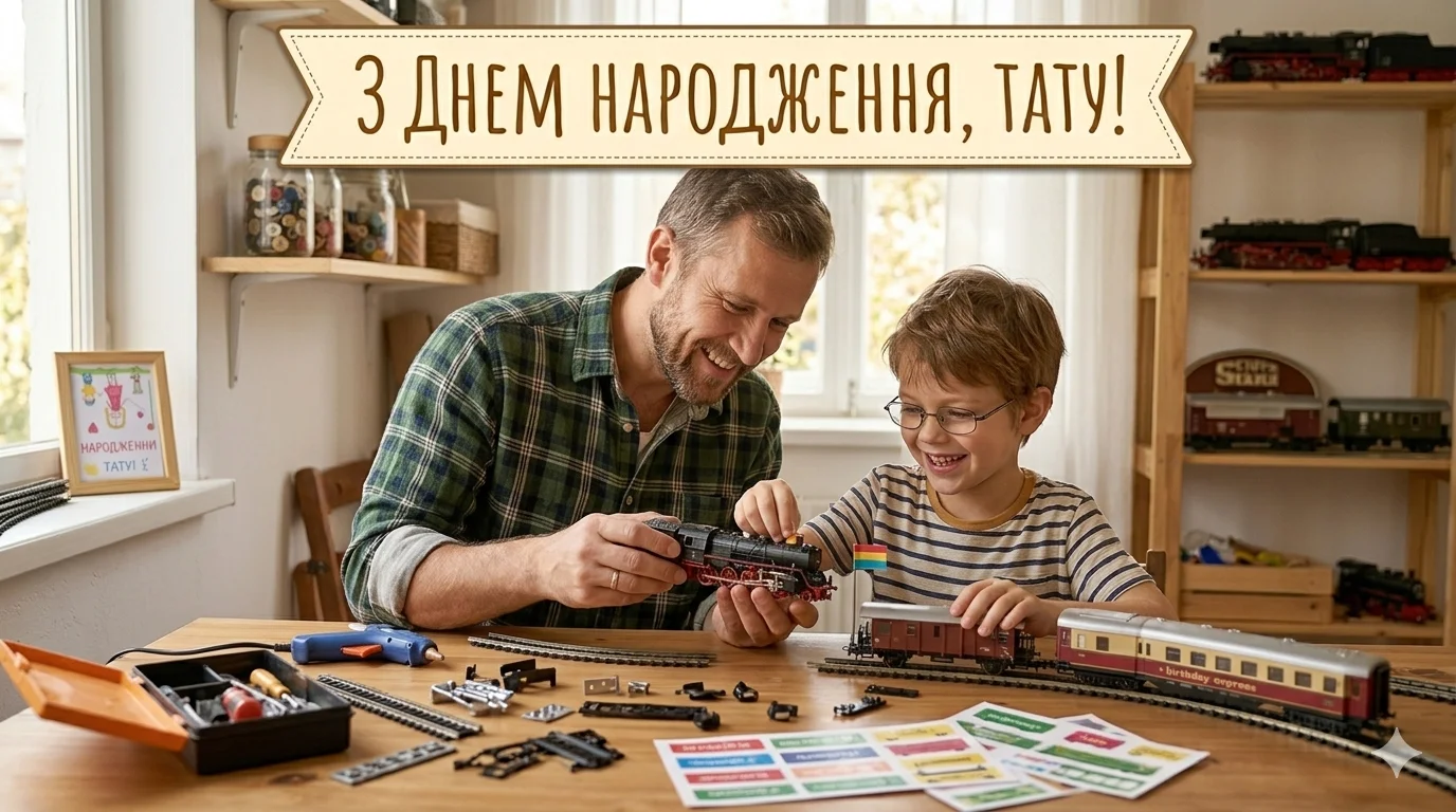 Тато та син збирають потяг на день народження батька