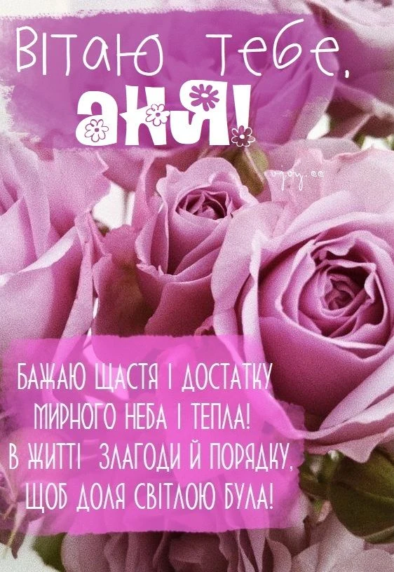 Привітання з днем народження Ані на фоні фіолетових троянд.
