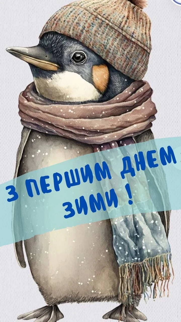Пінгвін у шапці та шарфі на перший день зими