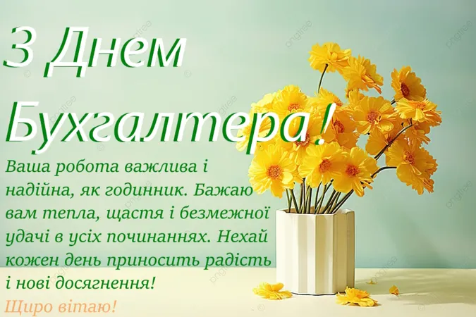 Жовті квіти в кашпо з привітанням бухгалтеру українською.