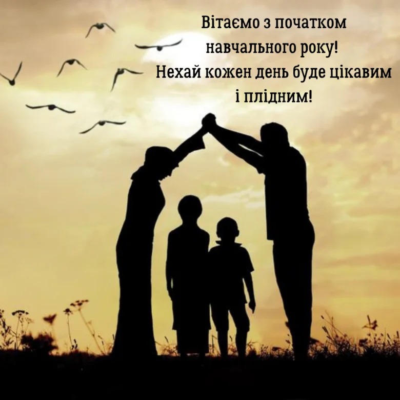Сіуета сім'ї на заході сонця з птахами.