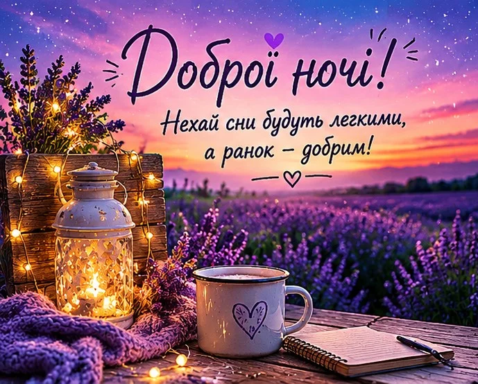 Затишна вечірня сцена з лавандою та українським привітанням на добраніч.