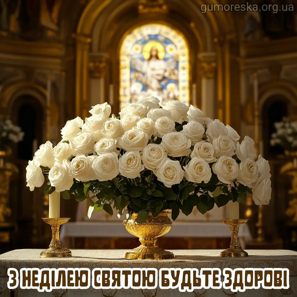 Білі троянди на вівтарі з побажанням гарної неділі