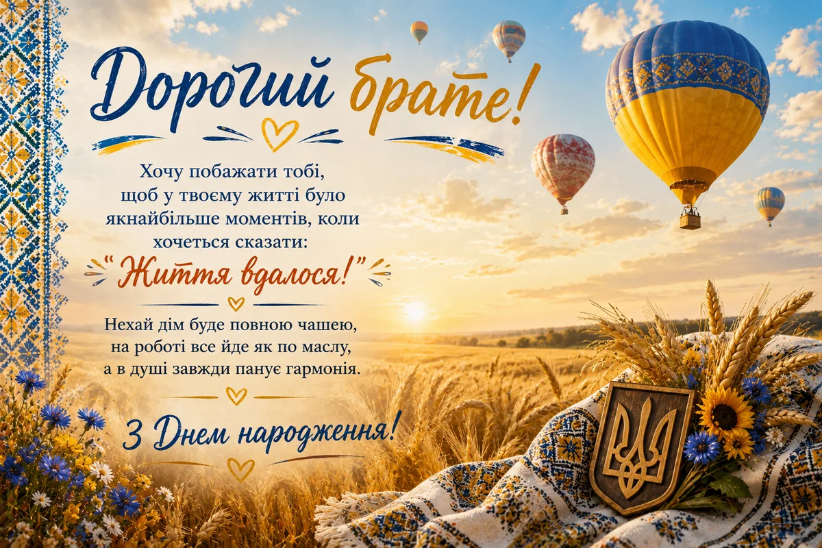 Привітання з днем народження брату від сестри на фоні полів та повітряних кульок.